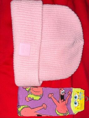 NWT VS Pink Knit Beanie Hat AND SPONGEBOB SOCKS